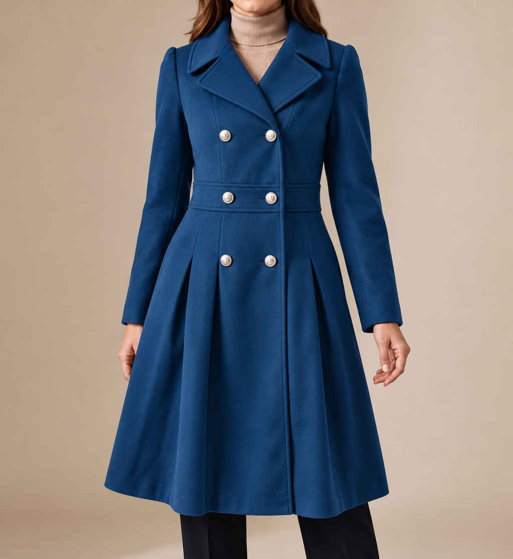 Women's Pleated-Skirt Coat with Double-Breasted Buttons, Royal Blue, view 4