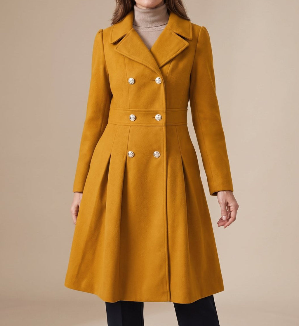 Women's Pleated-Skirt Coat with Double-Breasted Buttons, Yellow, view 5