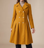 Women's Pleated-Skirt Coat with Double-Breasted Buttons, Yellow, view 5