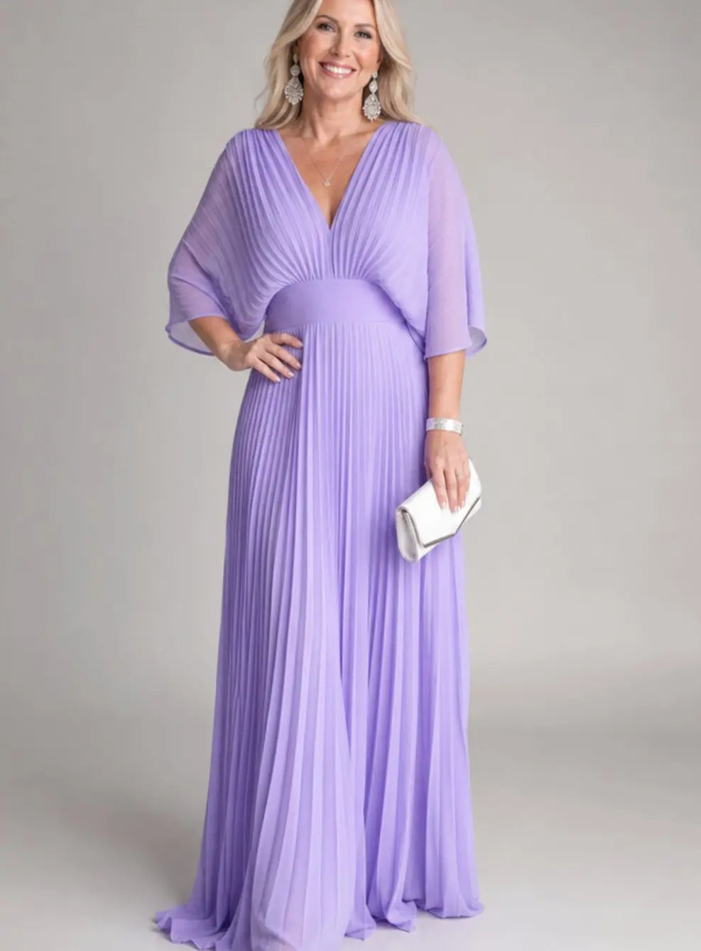 Women's Pleated V-Neck Maxi Dress with Flutter Sleeves, Purple, view 1