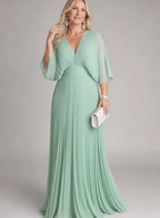 Women's Pleated V-Neck Maxi Dress with Flutter Sleeves, Green, view 3