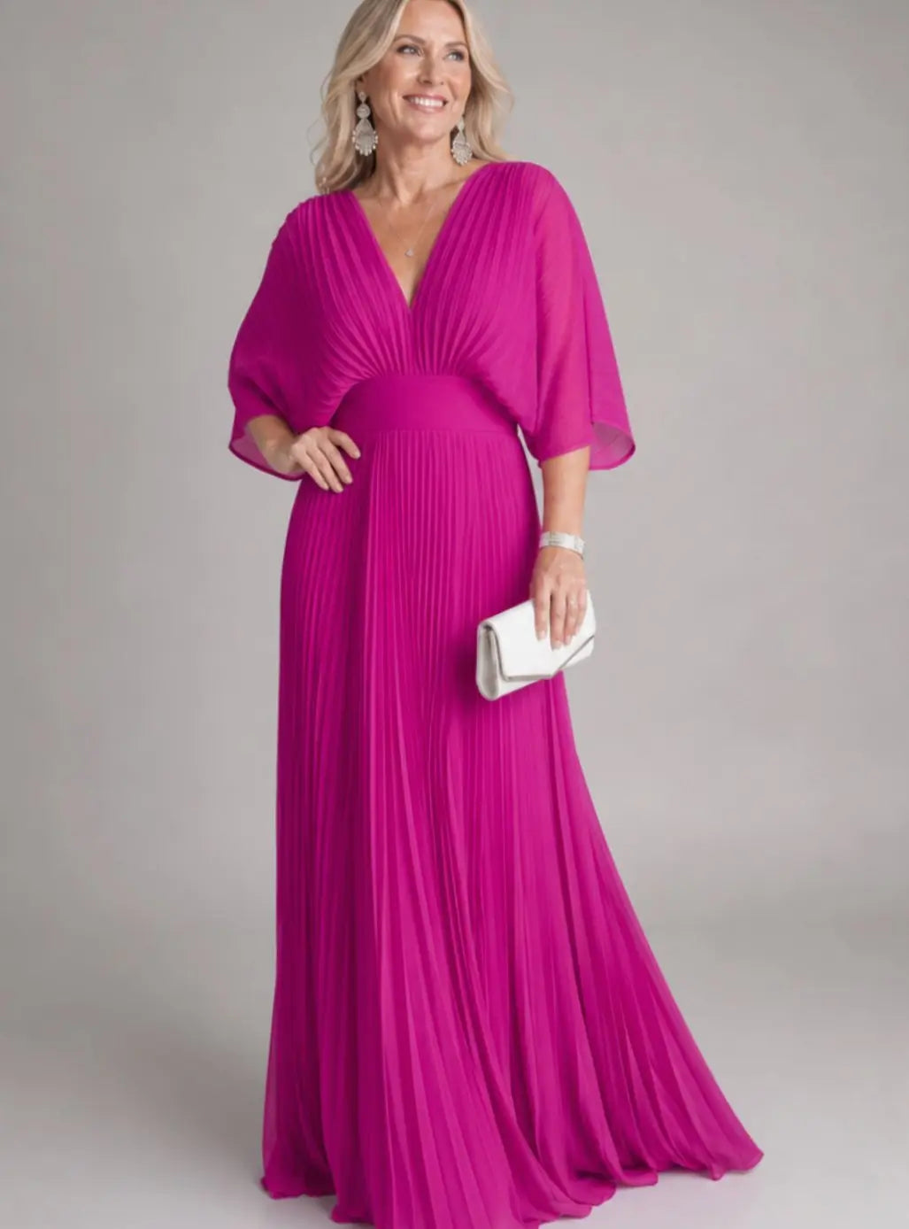 Women's Pleated V-Neck Maxi Dress with Flutter Sleeves, Pink, view 4