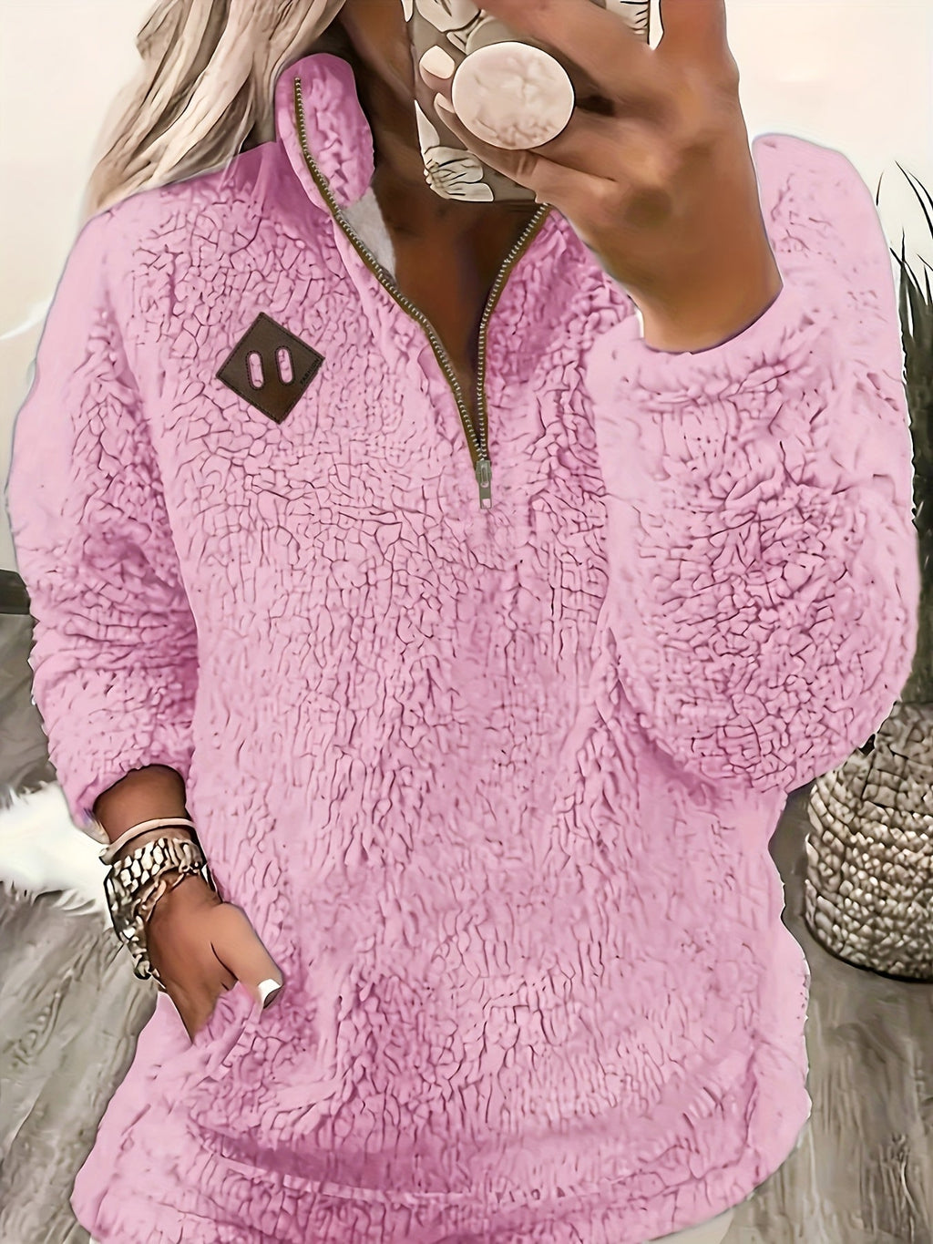 Women's Plush Sherpa Half Zip Jumper with Stand Collar, Dark Pink, view 2