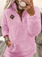 Women's Plush Sherpa Half Zip Jumper with Stand Collar, Dark Pink, view 2