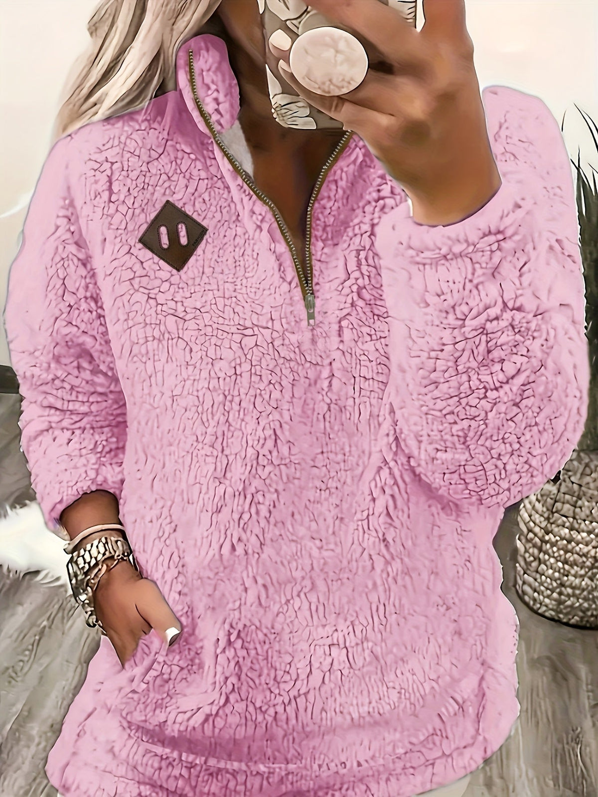 Women's Plush Sherpa Half Zip Jumper with Stand Collar, Dark Pink, view 2