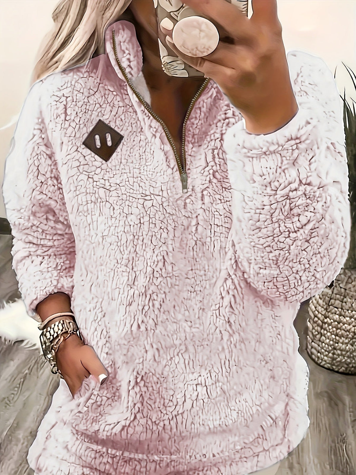 Women's Plush Sherpa Half Zip Jumper with Stand Collar, Light Pink, view 3