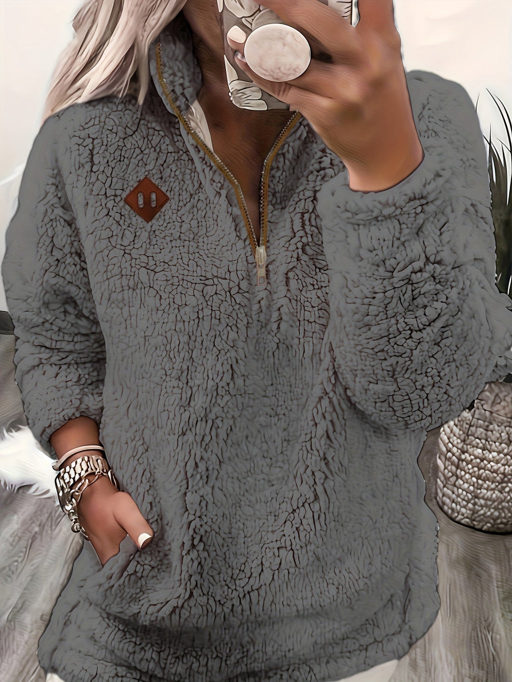 Women's Plush Sherpa Half Zip Jumper with Stand Collar, Dark Grey, view 4