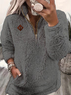 Women's Plush Sherpa Half Zip Jumper with Stand Collar, Dark Grey, view 4