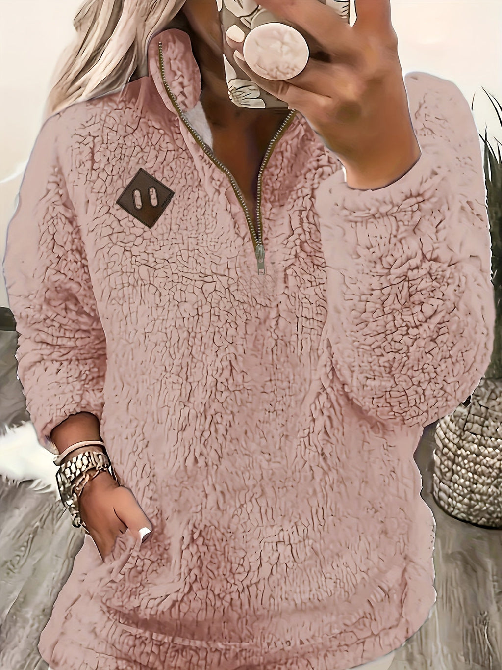 Women's Plush Sherpa Half Zip Jumper with Stand Collar, Pink, view 5