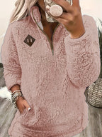 Women's Plush Sherpa Half Zip Jumper with Stand Collar, Pink, view 5