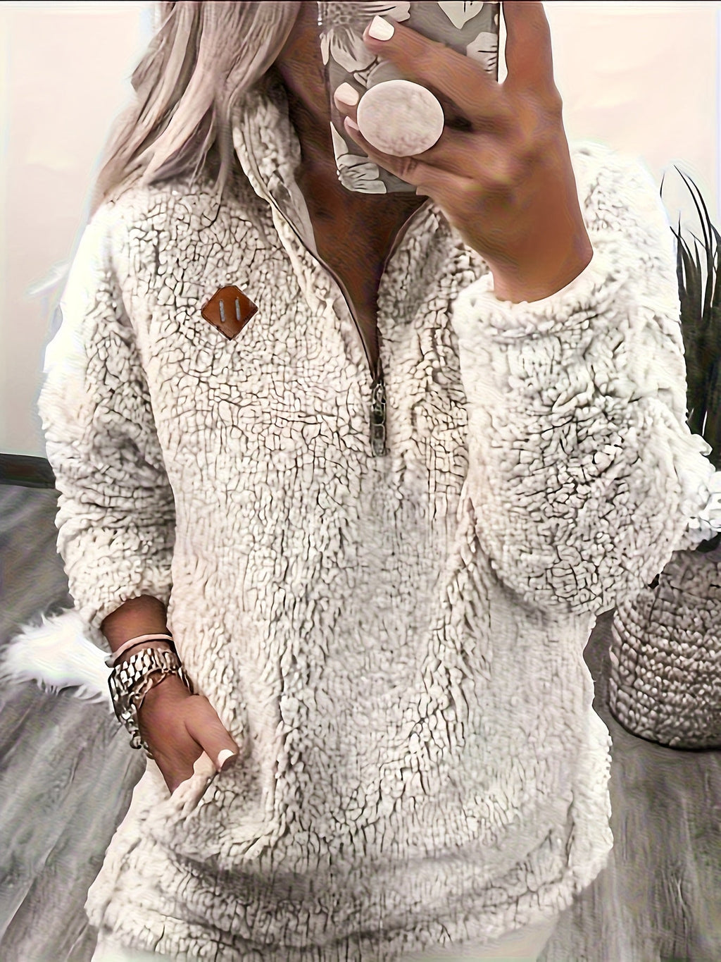 Women's Plush Sherpa Half Zip Jumper with Stand Collar, Grey, view 6