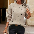 Women's Polka Dot Knit Jumper with Crew Neck and Ribbed Cuffs, Khaki, view 1