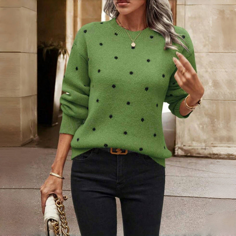 Women's Polka Dot Knit Jumper with Crew Neck and Ribbed Cuffs, Green, view 3