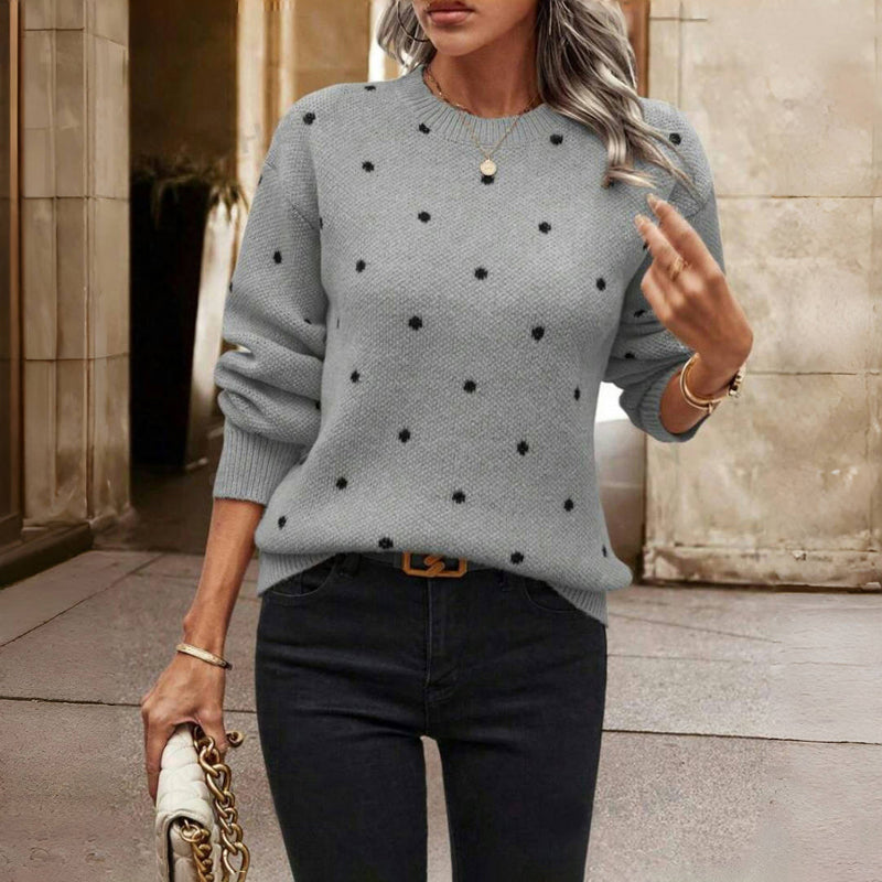 Women's Polka Dot Knit Jumper with Crew Neck and Ribbed Cuffs, Grey, view 4