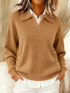 Women's Polo Collar Jumper with Gold Side Buttons, Khaki, view 1