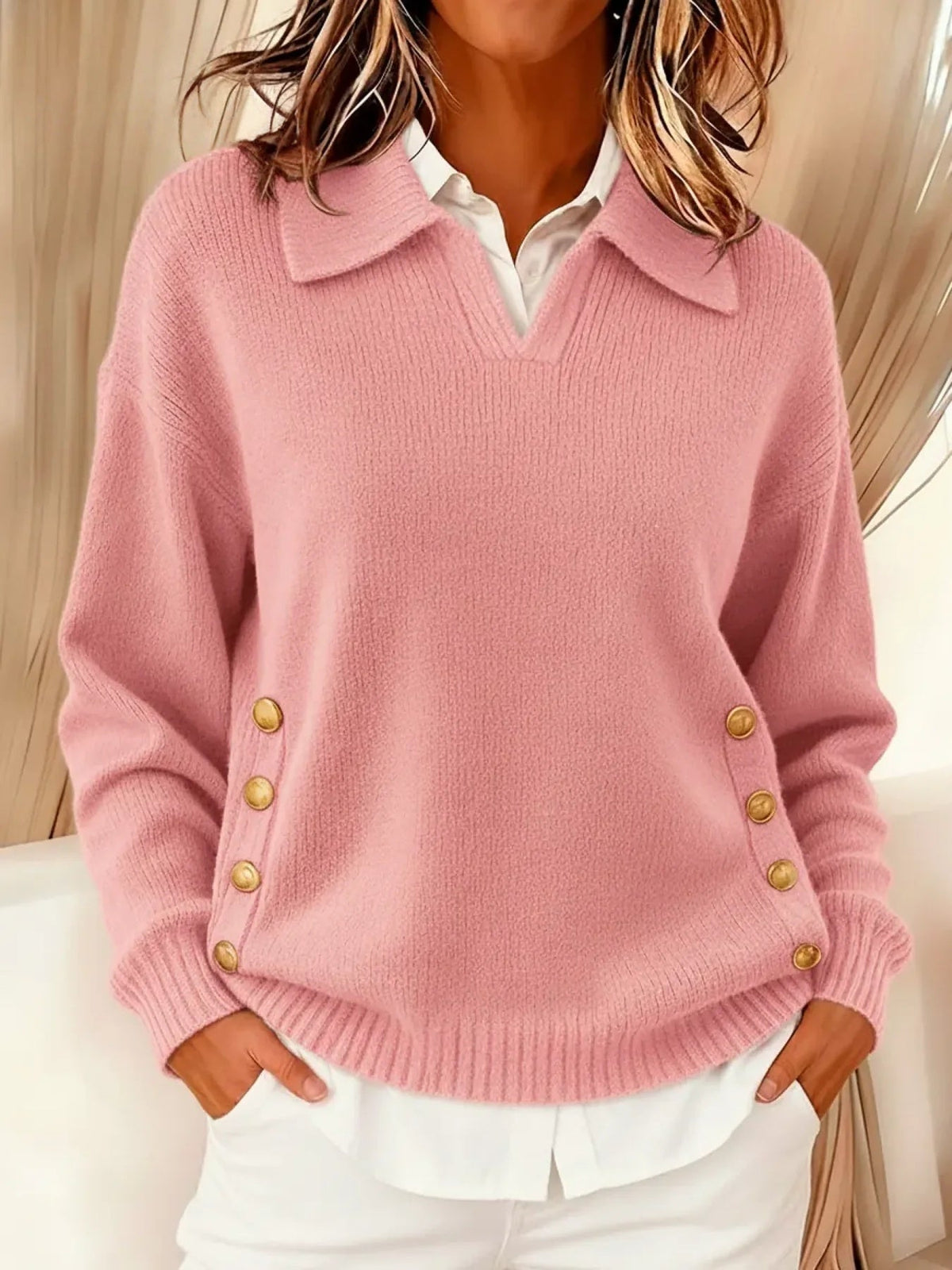 Women's Polo Collar Jumper with Gold Side Buttons, Pink, view 2