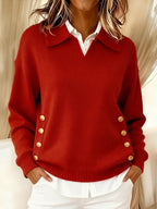 Women's Polo Collar Jumper with Gold Side Buttons, Red, view 3