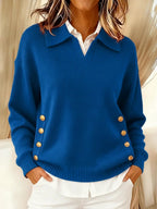 Women's Polo Collar Jumper with Gold Side Buttons, Blue, view 4