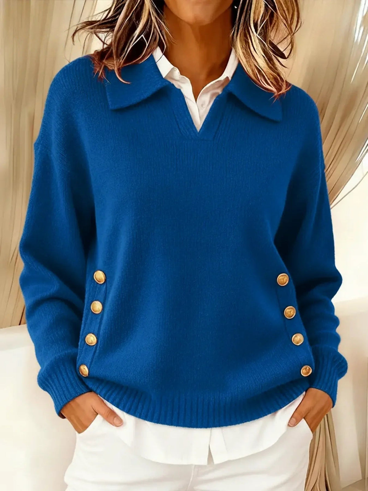 Women's Polo Collar Jumper with Gold Side Buttons, Blue, view 4