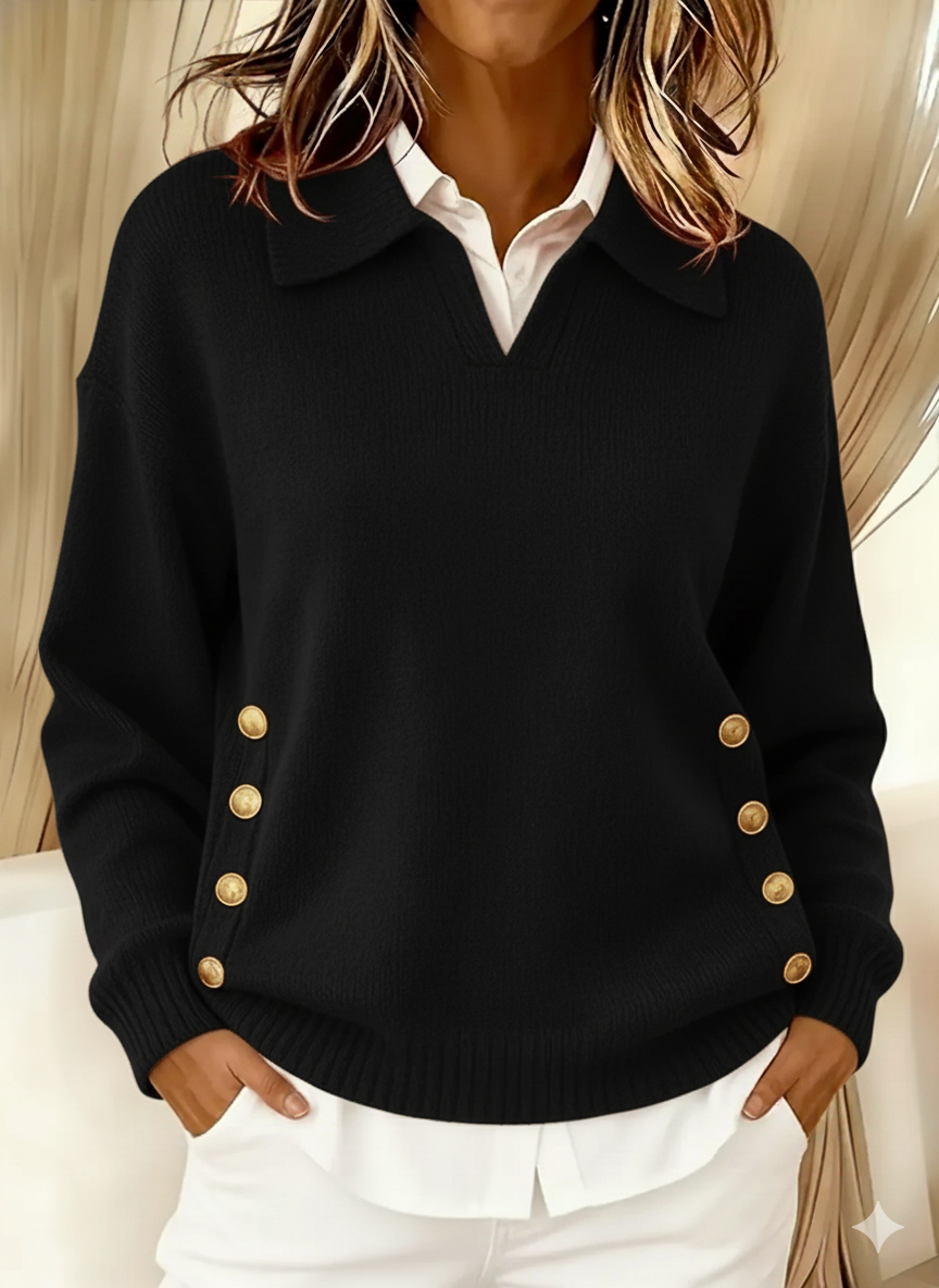 Women's Polo Collar Jumper with Gold Side Buttons, Black, view 6