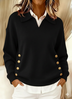 Women's Polo Collar Jumper with Gold Side Buttons, Black, view 6