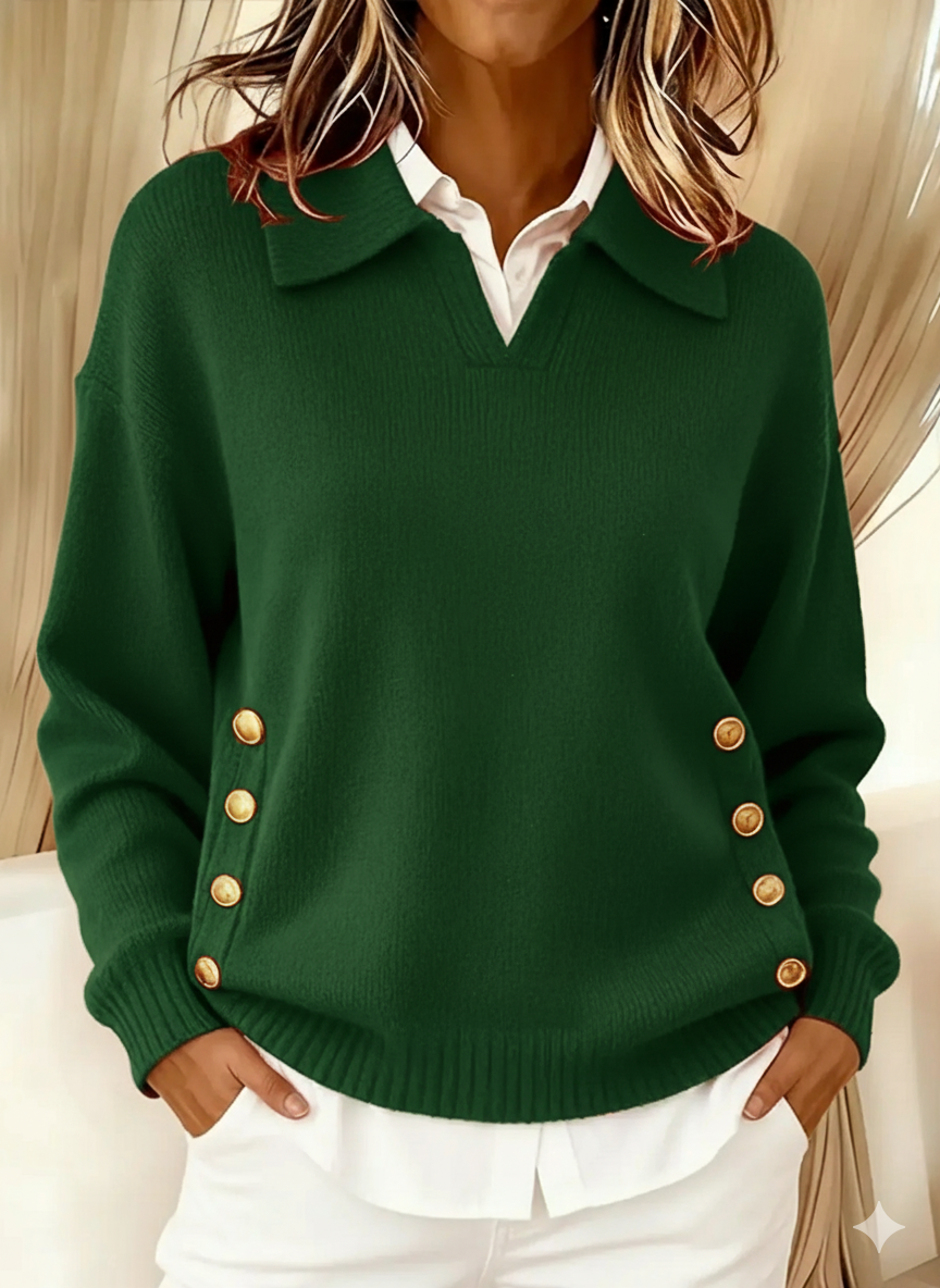 Women's Polo Collar Jumper with Gold Side Buttons, Green, view 7