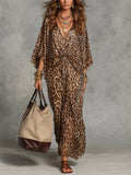 Women's Print Maxi Dress with Twist Front and Batwing Sleeves, Leopard Print, view 1