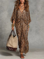 Women's Print Maxi Dress with Twist Front and Batwing Sleeves, Leopard Print, view 1