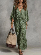 Women's Print Maxi Dress with Twist Front and Batwing Sleeves, Green, view 2