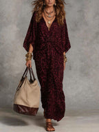 Women's Print Maxi Dress with Twist Front and Batwing Sleeves, Burgundy, view 3