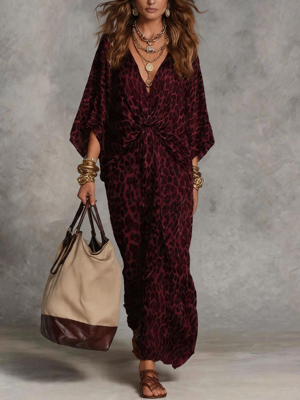 Women's Print Maxi Dress with Twist Front and Batwing Sleeves, Burgundy, view 3