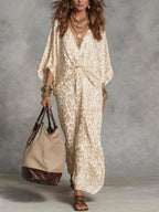 Women's Print Maxi Dress with Twist Front and Batwing Sleeves, Beige, view 4