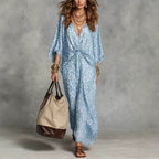Women's Print Maxi Dress with Twist Front and Batwing Sleeves, Blue, view 5