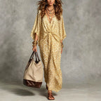 Women's Print Maxi Dress with Twist Front and Batwing Sleeves, Yellow, view 6