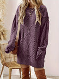 Women's Purple Diamond Cable Knit Mini Dress, Purple, view 1