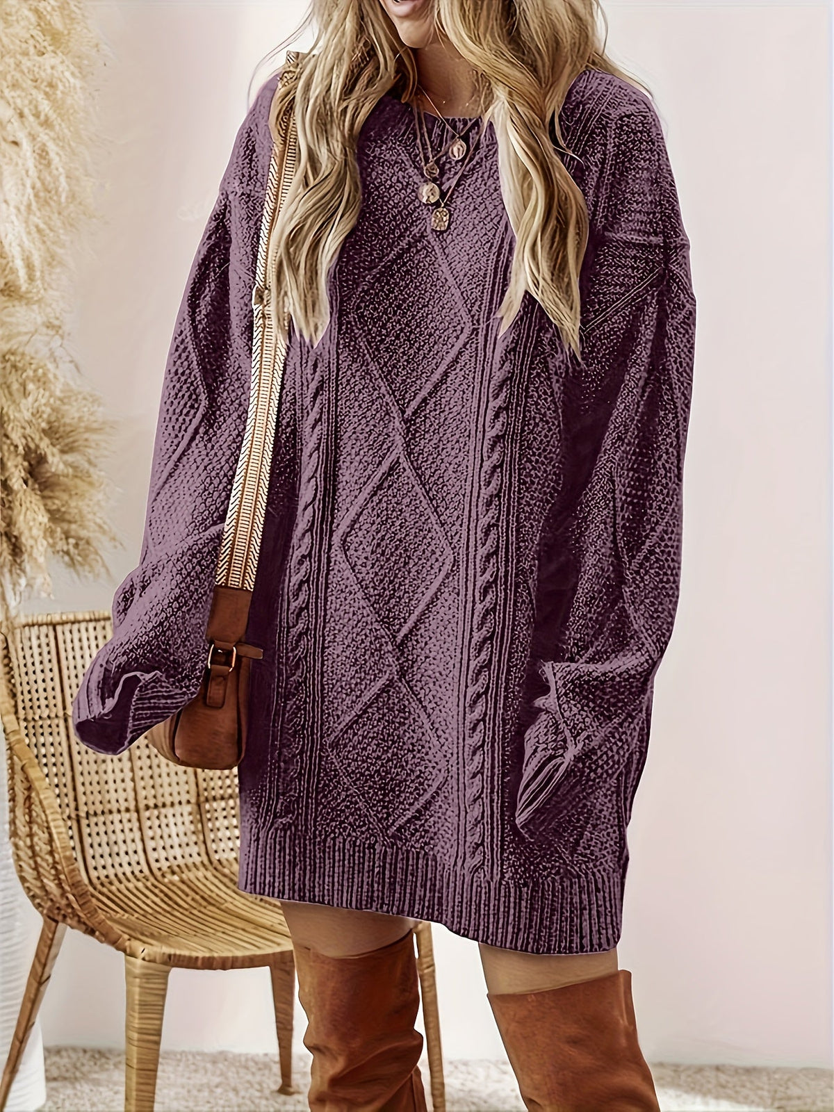 Women's Purple Diamond Cable Knit Mini Dress, Purple, view 1
