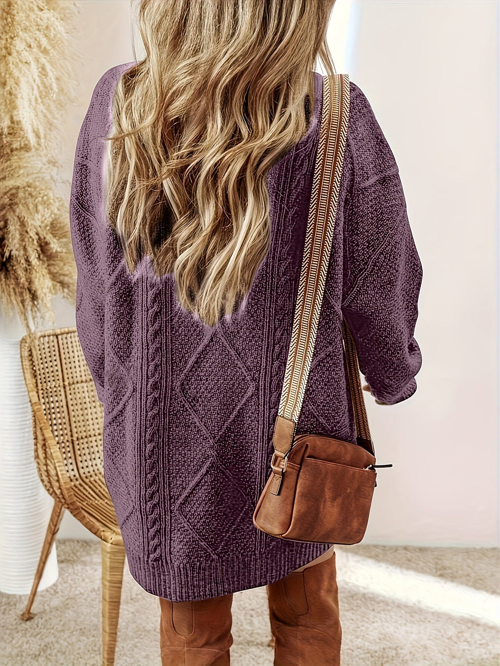 Women's Purple Diamond Cable Knit Mini Dress, view 2