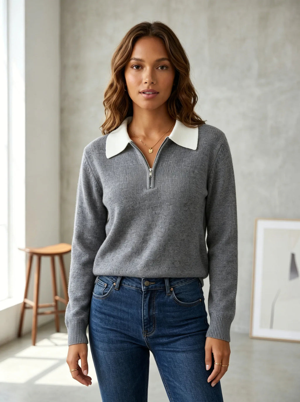 Women's Quarter Zip Contrast Collar Knit Jumper, Grey, view 2