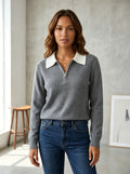 Women's Quarter Zip Contrast Collar Knit Jumper, Grey, view 2