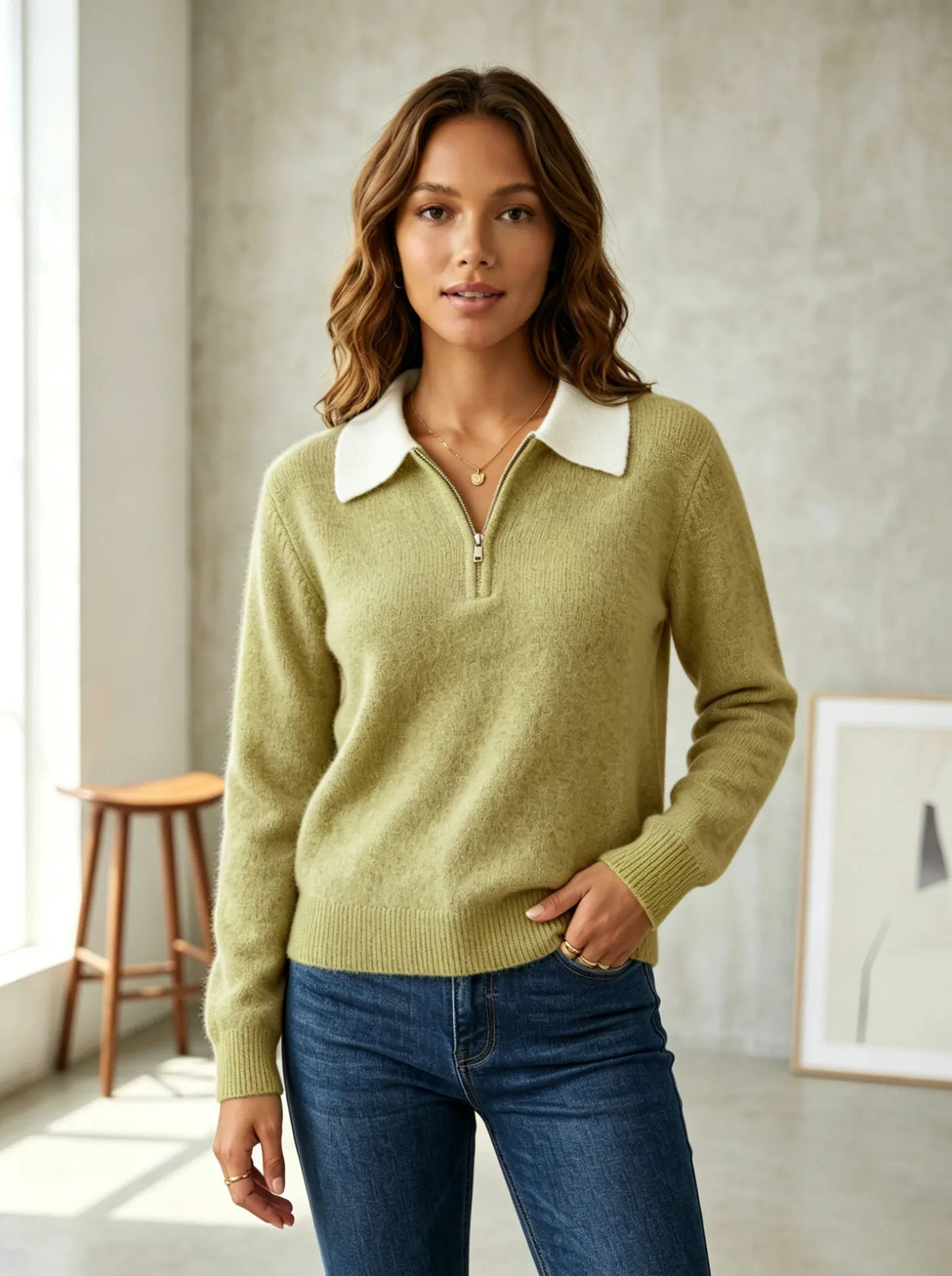 Women's Quarter Zip Contrast Collar Knit Jumper, Olive, view 5