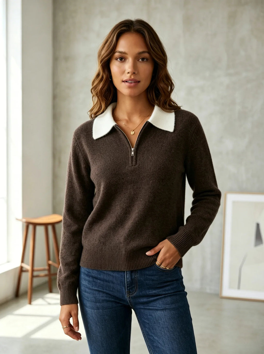 Women's Quarter Zip Contrast Collar Knit Jumper, Brown, view 6