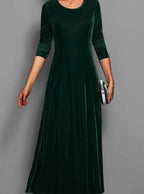 Women's Red Velvet-Style Long Sleeve Maxi Dress, Dark Green, view 3