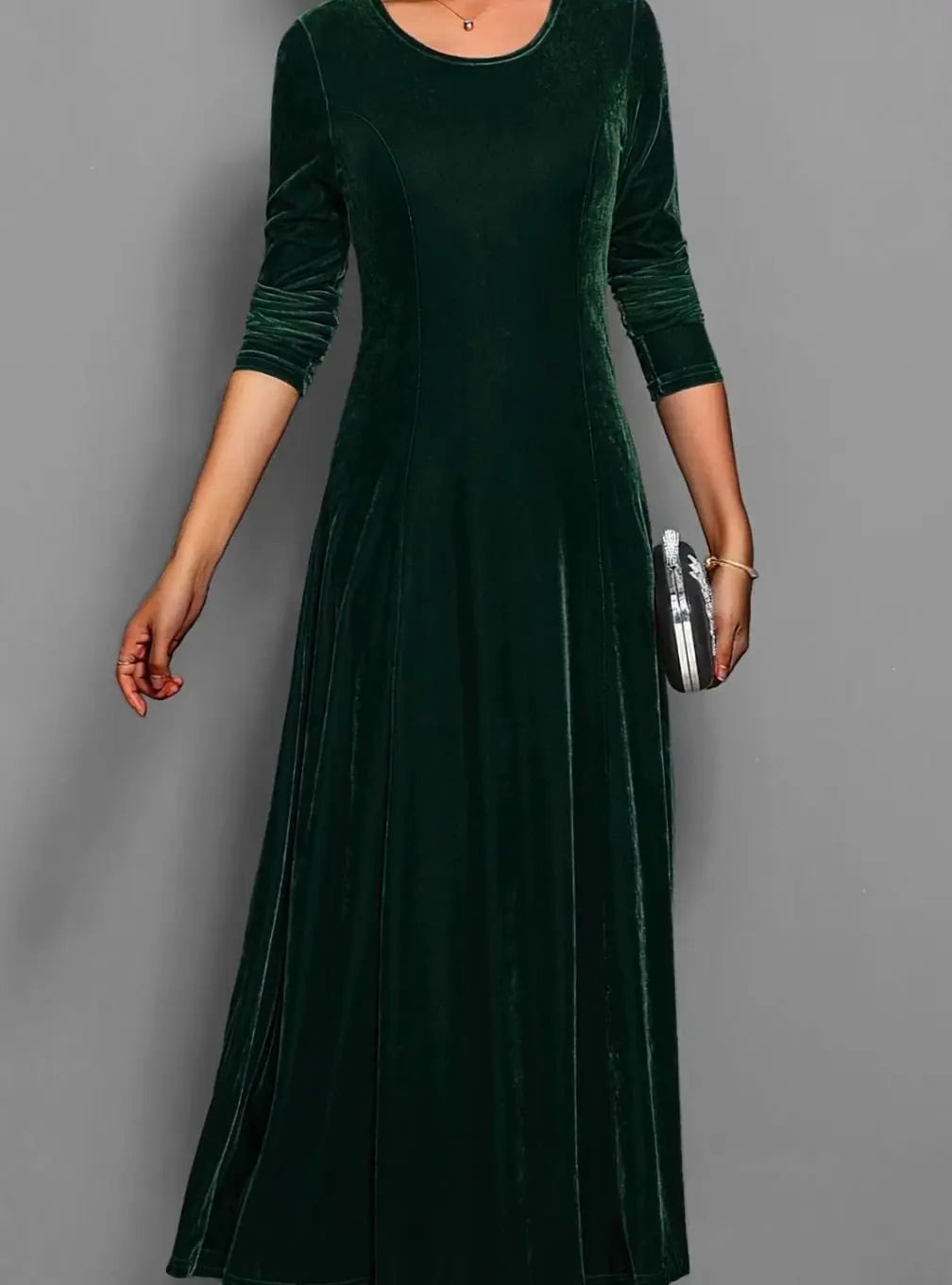 Women's Red Velvet-Style Long Sleeve Maxi Dress, Dark Green, view 3