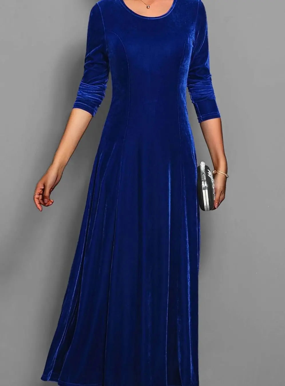 Women's Red Velvet-Style Long Sleeve Maxi Dress, Blue, view 5