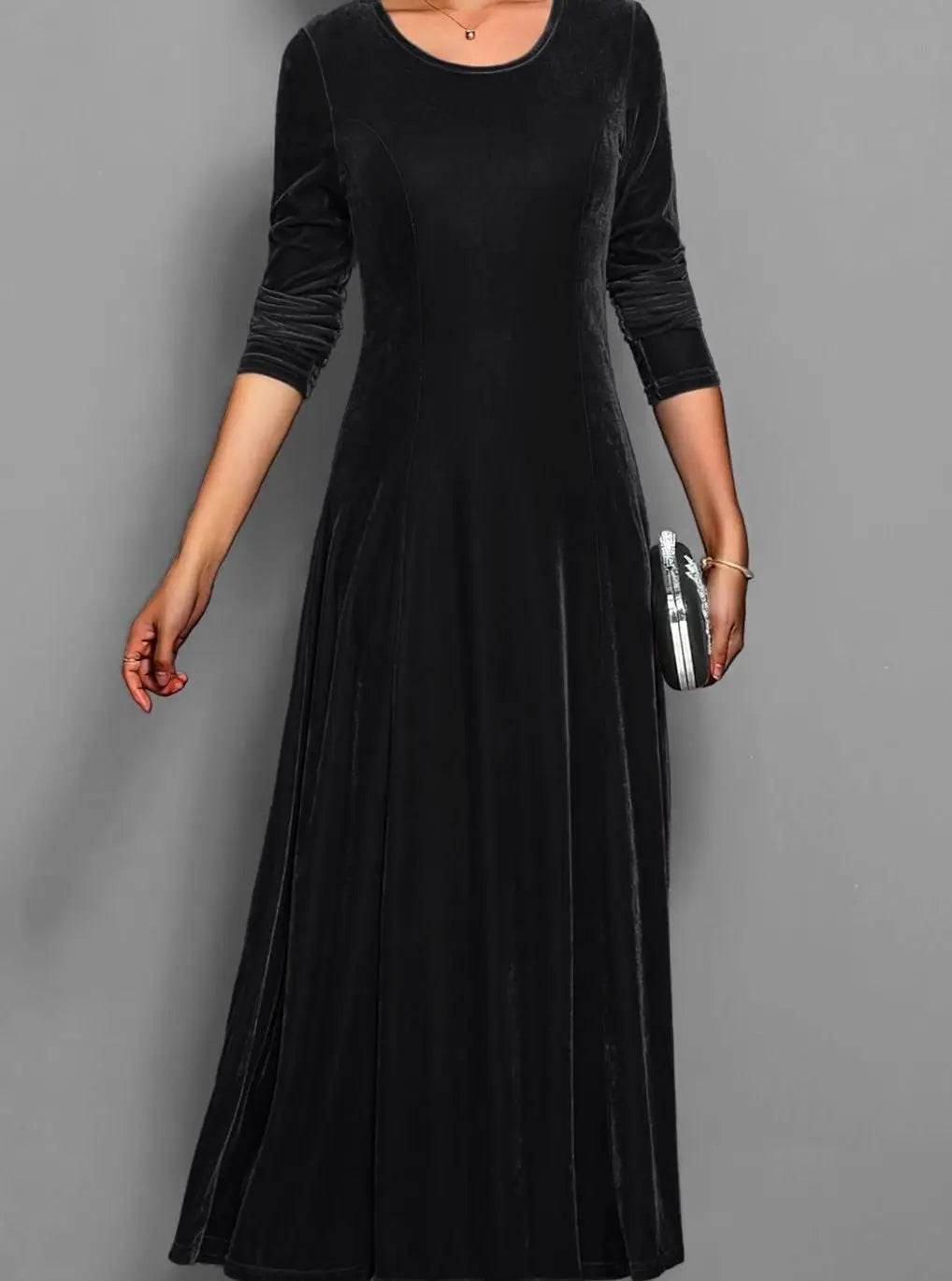 Women's Red Velvet-Style Long Sleeve Maxi Dress, Black, view 6