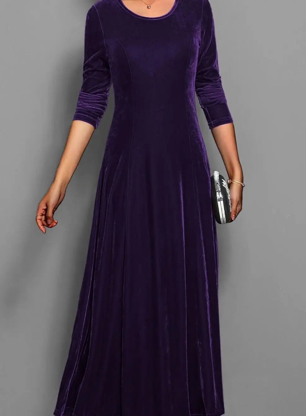 Women's Red Velvet-Style Long Sleeve Maxi Dress, Purple, view 7