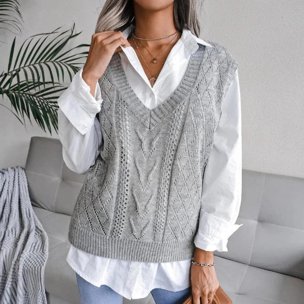 Women's Relaxed Cable Knit Jumper Vest with V-Neckline and Pointelle Detail, Grey, view 1
