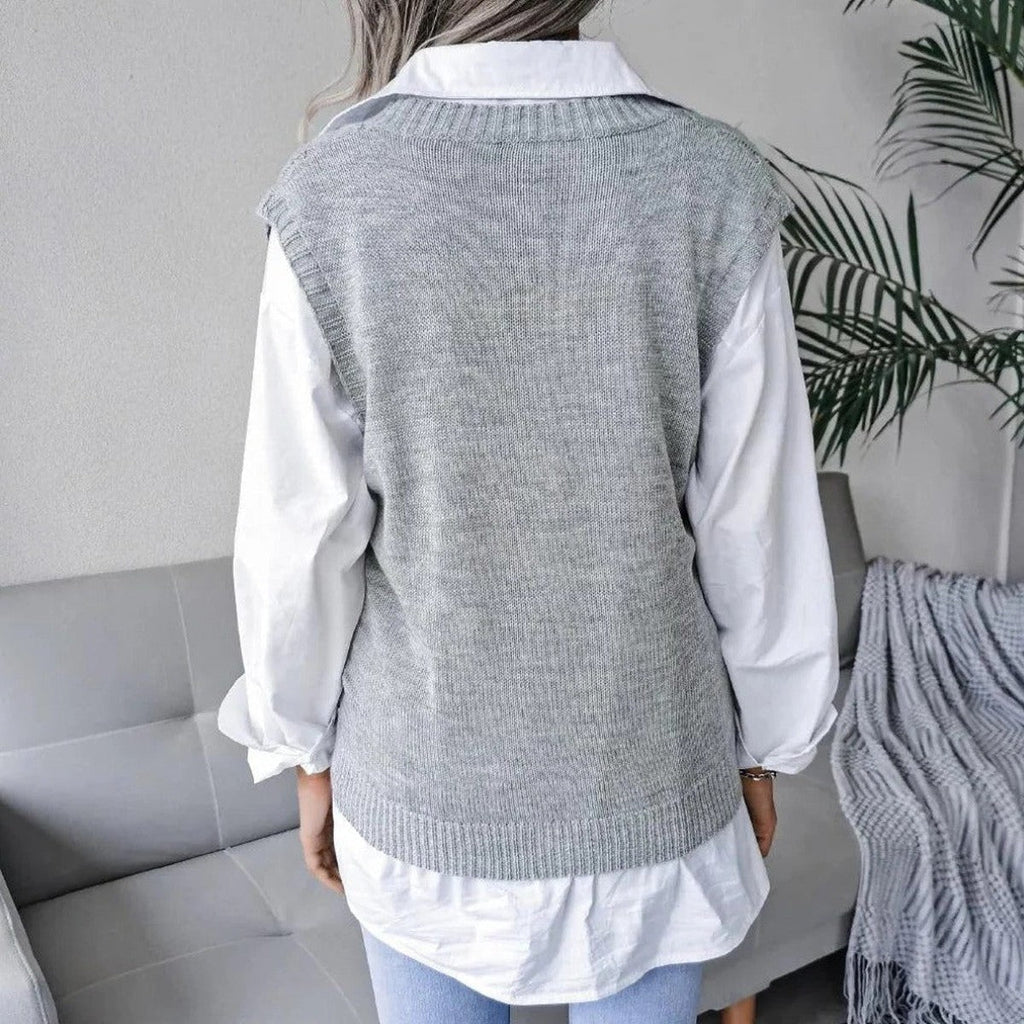 Women's Relaxed Cable Knit Jumper Vest with V-Neckline and Pointelle Detail, view 2