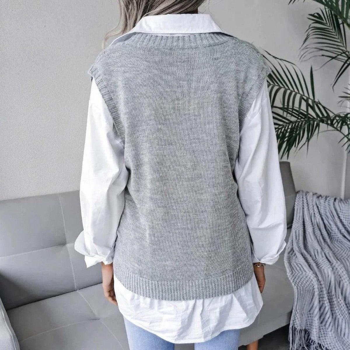Women's Relaxed Cable Knit Jumper Vest with V-Neckline and Pointelle Detail, view 2
