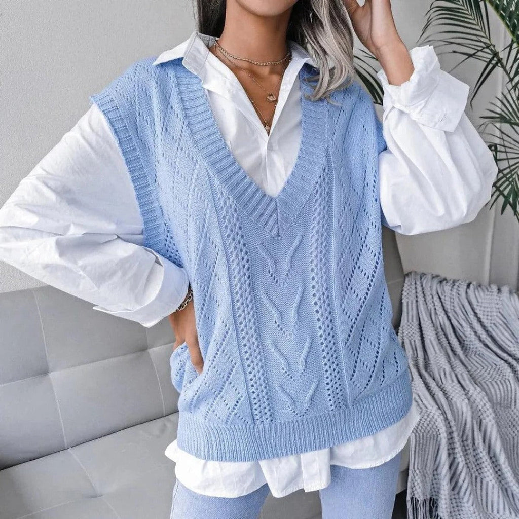 Women's Relaxed Cable Knit Jumper Vest with V-Neckline and Pointelle Detail, Blue, view 3